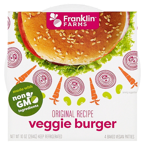 Franklin Farms Original Recipe Veggie Burger Baked Vegan Patties, 4 count, 10 oz
Not all veggie burgers are created equal. Our Gluten-Free Original Veggie Burgers provide 10g of protein per serving.
Because we bake our burgers instead of frying, they have 58% less fat than the leading competitor*. Here's to your good health and great taste.

58% Less Fat than Leading Veggie Patties*
82% Less Fat than Ground Beef Patties**
*Contains 2.5g total fat per 71g serving compared to the leading competitor of original veggie patties, which has 6g of total fat per 71g serving.
**Contains 2.5g total fat per 71g serving compared to 80% lean ground beef patty, which has 14g of total fat per 71g serving.