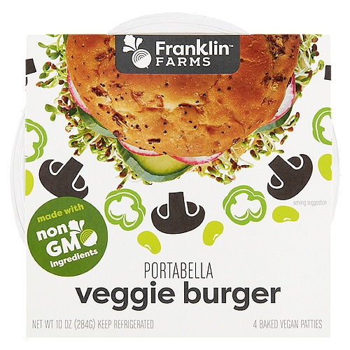 Franklin Farms Portabella Veggie Burger Baked Vegan Patties, 4 count, 10 oz
Not all veggie burgers are created equal. Our Gluten-Free Portabella Veggie Burgers provide 10g of protein per serving.
Because we bake our burgers instead of frying, they have 67% less fat than the leading competitor*. Here's to your good health and great taste.

67% Less Fat than Leading Veggie Patties*
86% Less Fat than Ground Beef Patties**
*Contains 2g total fat per 71g serving compared to the leading competitor of original veggie patties, which has 6g of total fat per 71g serving.
**Contains 2g total fat per 71g serving compared to 80% lean ground beef patty, which has 14g of total fat per 71g serving.