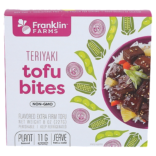 Franklin Farms Flavored Extra Firm Teriyaki Bites Tofu, 8 oz
Experience a new way of eating tofu with our Teriyaki Tofu Bites! They're ready-to-eat, bite-sized and packed with 11 grams of protein per serving! Marinated in a traditional seasoning, our Teriyaki Tofu Bites combine sweet and savory Asian flavors in every bite!
