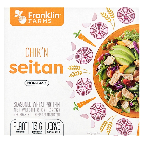 Franklin Farms Chik'n Seitan, 8 oz
Seasoned Wheat Protein

Turn your favorite recipes into delicious meatless dishes with Chick'n Seitan, a tender food made from wheat! Our seitan is ready-to-eat, bite-sized and packed with 13 grams of protein per serving! Mildly seasoned Chick'n Seitan is ready to enhance the flavor of any dish!
