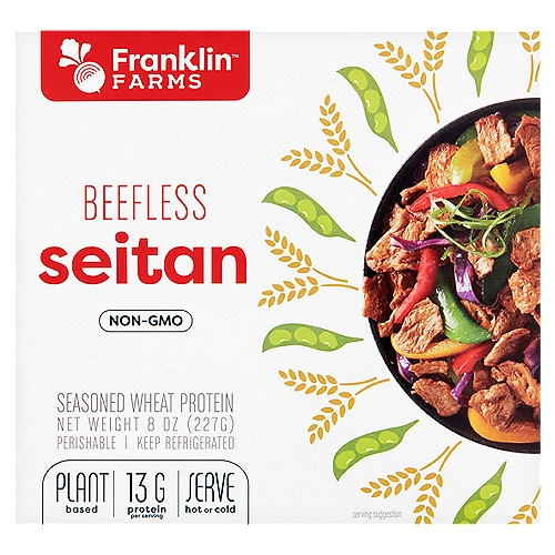 Franklin Farms Beefless Seitan, 8 oz
Seasoned Wheat Protein

Turn your favorite recipes into delicious meatless dishes with Beefless Seitan, a tender food made from wheat! Our seitan is ready-to-eat, bite-sized and packed with 13 grams of protein per serving! Mildly seasoned Beefless Seitan is ready to enhance the flavor of any dish!