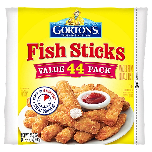 Gorton's Fish Sticks Value Pack, 44 count, 24.5 oz
Ready in 9 Minutes††
†† Using Faster Air Fry Directions for Up to 1 Serving

Quality You Can Trust
✓ 100% Real Fish: Wild-caught Pollock, a mild, flaky white fish
✓ Real Simple: No fillers, no artificial colors or flavors, no preservatives or hydrogenated oils, and tested mercury safe†
✓ Real Delicious!
The Gorton's Fisherman
† Gorton's test to ensure strict compliance with both Gorton's and Government quality and safety standards, including those for mercury.