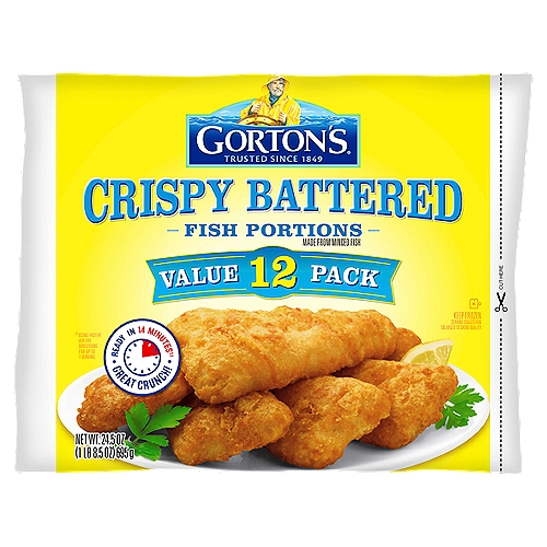 Gorton's Crispy Battered Fish Portions Value Pack, 12 count, 24.5 oz
Ready in 14 Minutes - Great Crunch!††
†† Using Faster Air Fry Directions for Up to 1 Serving

Quality You Can Trust
✓ 100% Real Fish: Wild-caught pollock, a mild, flaky white fish
✓ Real Simple, No fillers, no artificial colors or flavors, no preservatives or hydrogenated oils, and tested mercury safe†
✓ Real Delicious!
The Gorton's Fisherman
† Gorton's tests to ensure strict compliance with both Gorton's and Government quality and safety standards, including those for mercury.