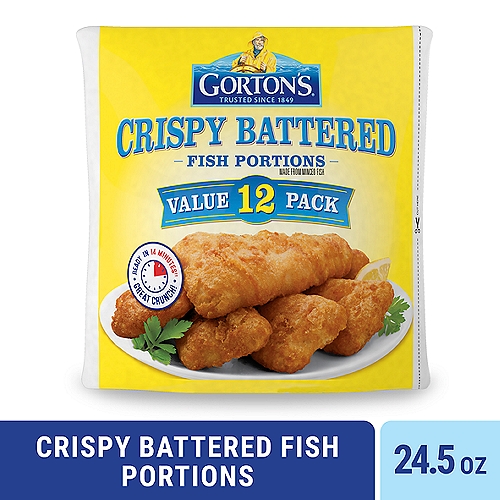 Goodness You Can Taste: Bring home the classic taste of seafood with our family favorite, Crispy Battered Fish Portions. Made from high-quality, 100% real fish, our fillets are ideal for serving up a fresh-tasting, convenient meal.
Unmatched Flavor: As masters of our craft, we skillfully prepare our seafood so it's always full of delicious flavor and nutrition. These fillets are also coated in a golden batter, making each bite flaky and crispy.
A Wholesome Catch: These fillets are always prepared with no fillers, artificial colors or flavors, hydrogenated oils, or antibiotics. Plus, our fish is a natural source of natural Omega-3s and protein.
Easy to Cook: Enjoy a deliciously fresh meal that is prep-free, mess-free, and stress-free! Simply heat fish in a conventional oven until fully cooked, or cook in an air fryer for a crunchier bite.