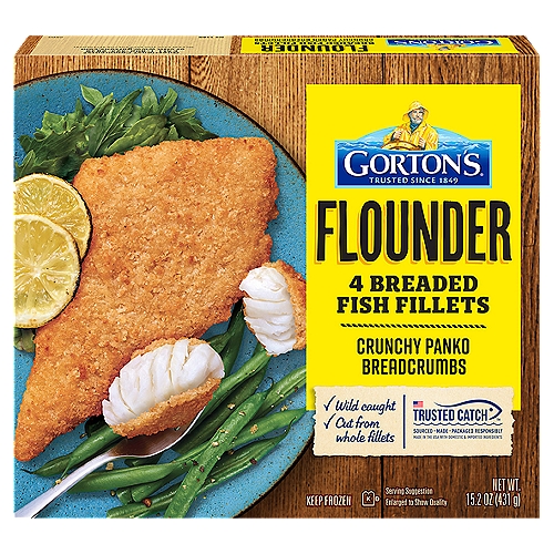 Gorton's Flounder Breaded Fish Fillets, 4 count, 15.2 oz
Goodness You Can Taste: Bring home a delicious taste of seafood with our Breaded Fish Fillets. Made from high-quality, wild-caught Flounder, our extra-large and crunchy fillets are ideal for serving up a fresh-tasting, convenient meal. Unmatched Freshness: As masters of our craft, we skillfully prepare our seafood so it's always full of fresh, delicious flavor and nutrition. These fillets are also coated with panko breadcrumbs made from daily baked bread for a satisfying crunch. A Wholesome Catch: These fillets are always prepared with no fillers, artificial colors or flavors, hydrogenated oils, or antibiotics. Plus, our fish is a natural source of natural Omega-3s and protein. Easy to Cook: Enjoy a deliciously fresh meal that is prep-free, mess-free, and stress-free! Simply heat fish in a conventional oven until fully cooked, or cook in an air fryer for a crunchier bite.
