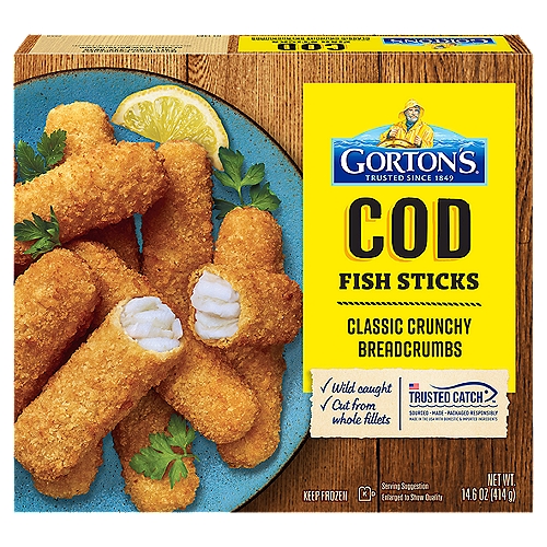 Gorton's Cod Fish Sticks, 14.6 oz
Goodness You Can Taste: Bring home a classic taste of seafood with our family favorite, Cod Fish Sticks. Made from high-quality, wild-caught cod, our crunchy sticks are ideal for serving up a fresh-tasting, convenient meal, snack, or appetizer. Unmatched Freshness: As masters of our craft, we skillfully prepare our seafood so it's always full of fresh, delicious flavor and nutrition. These fish sticks are coated with breadcrumbs for a satisfying crunch. A Wholesome Catch: These fillets are always prepared with no fillers, artificial colors or flavors, hydrogenated oils, or antibiotics. Plus, our fish is a natural source of natural Omega-3s and protein. Easy to Cook: Enjoy a deliciously fresh meal that is prep-free, mess-free, and stress-free! Simply heat fish in a conventional oven until fully cooked, or cook in an air fryer for a crunchier bite.