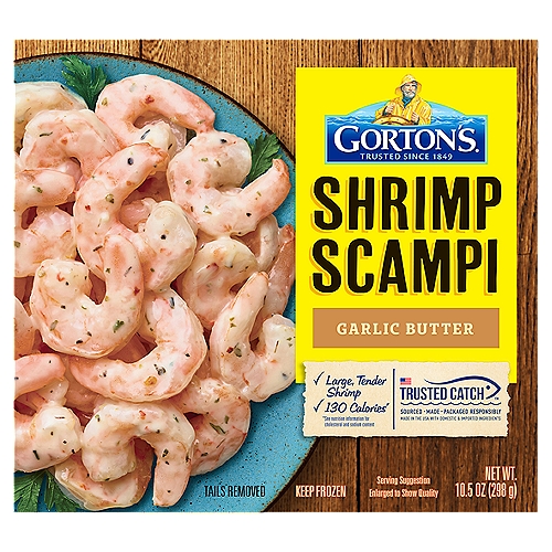 Gorton's Garlic Butter Shrimp Scampi, 10.5 oz
Goodness You Can Taste: Bring home a classic taste of seafood with our family favorite, Shrimp Scampi. Our premium shrimp are prepared with tails off and made with creamy garlic butter that can transform a plate of pasta into a delicious feast. Unmatched Freshness: As masters of our craft, we skillfully prepare our seafood so it's always full of fresh, delicious flavor and nutrition. These shrimp are ideal for serving up a fresh-tasting, convenient meal. A Wholesome Catch: This shrimp is gluten-free* and is always prepared with no fillers, artificial colors or flavors, hydrogenated oils, or antibiotics. Plus, our shrimp is a natural source of natural Omega-3s and protein. Easy to Cook: Enjoy a deliciously fresh meal that is prep-free, mess-free, and stress-free! Simply arrange shrimp in skillet and cook over medium heat until fully cooked.