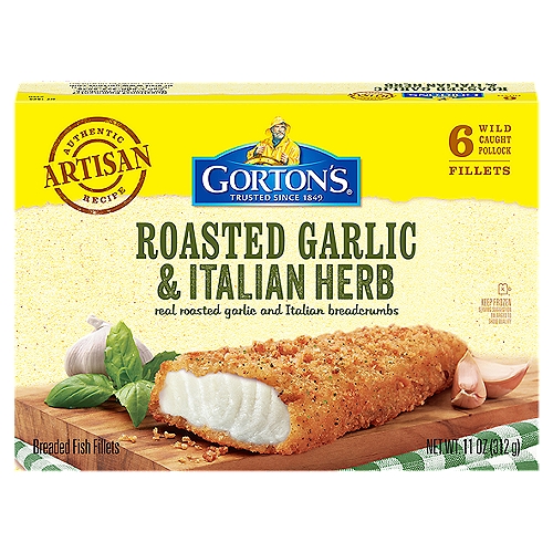 Gorton's Roasted Garlic & Italian Herb Breaded Fish Fillets, 6 count, 11 oz
Goodness You Can Taste: Bring home a bold, delicious taste of seafood with our Roasted Garlic & Italian Herb Fish. Made from high-quality, wild-caught fish, our fillets are ideal for serving up a fresh-tasting, convenient meal.Unmatched Freshness: As masters of our craft, we skillfully prepare our seafood so it's always full of fresh, delicious flavor and nutrition. These fillets are also coated with crispy Italian breadcrumbs that make for a satisfying crunch.A Wholesome Catch: These fillets are always prepared with no fillers, artificial colors or flavors, hydrogenated oils, or antibiotics. Plus, our fish is a natural source of natural Omega-3s and protein.Easy to Cook: Enjoy a deliciously fresh meal that is prep-free, mess-free, and stress-free! Simply heat fish in a conventional oven until fully cooked, or cook in an air fryer for a crunchier bite.