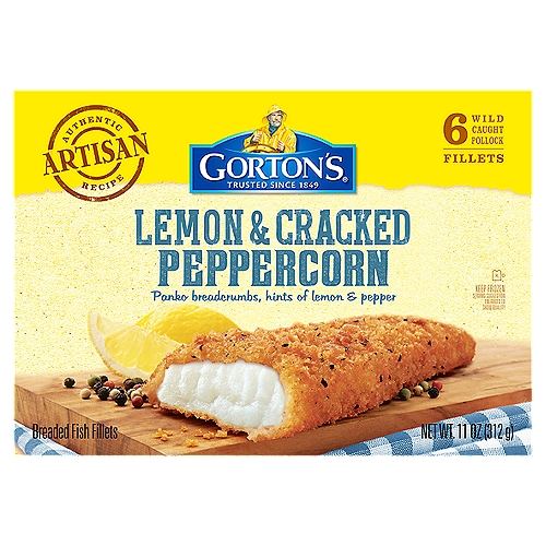 Gorton's Lemon & Cracked Peppercorn Breaded Fish Fillets, 6 count, 11 oz
Goodness You Can Taste: Bring home a bold, delicious taste of seafood with our Lemon & Cracked Peppercorn Fish. Made from high-quality, wild-caught Pollock, our fillets are ideal for serving up a fresh-tasting, convenient meal.Unmatched Freshness: As masters of our craft, we skillfully prepare our seafood so it's always full of fresh, delicious flavor and nutrition. These fillets are also coated with crispy panko breadcrumbs that make for a satisfying crunch.A Wholesome Catch: These fillets are always prepared with no fillers, artificial colors or flavors, hydrogenated oils, or antibiotics. Plus, our fish is a natural source of natural Omega-3s and protein.Easy to Cook: Enjoy a deliciously fresh meal that is prep-free, mess-free, and stress-free! Simply heat fish in a conventional oven until fully cooked, or cook in an air fryer for a crunchier bite.