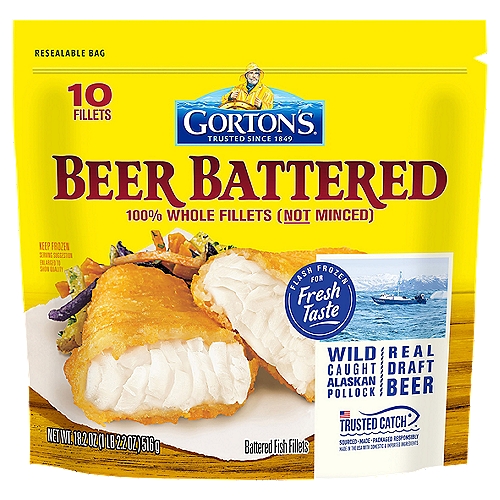 Gorton's Beer Battered Fish Fillets, 10 count, 18.2 oz
Goodness You Can Taste: Bring home the familiar and delicious pub-style taste of seafood with our Beer Battered Fish Fillets. Made from high-quality, wild-caught Pollock, our fillets are ideal for serving up a fresh-tasting, convenient meal.Unmatched Freshness: As masters of our craft, we skillfully prepare our seafood so it's always full of fresh, delicious flavor and nutrition. These fillets are also coated in a batter made with real draft beer, making each bite flaky and crispy.A Wholesome Catch: These fillets are always prepared with no fillers, artificial colors or flavors, hydrogenated oils, or antibiotics. Plus, our fish is a natural source of natural Omega-3s and protein.Easy to Cook: Enjoy a deliciously fresh meal that is prep-free, mess-free, and stress-free! Simply heat fish in a conventional oven until fully cooked, or cook in an air fryer for a crunchier bite.