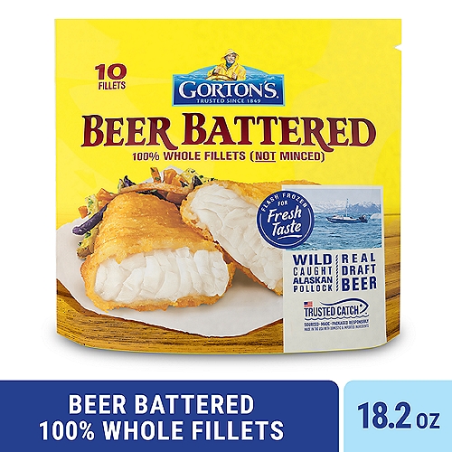 Goodness You Can Taste: Bring home the familiar and delicious pub-style taste of seafood with our Beer Battered Fish Fillets. Made from high-quality, wild-caught Pollock, our fillets are ideal for serving up a fresh-tasting, convenient meal.
Unmatched Flavor: As masters of our craft, we skillfully prepare our seafood so it's always full of delicious flavor and nutrition. These fillets are also coated in a batter made with real draft beer, making each bite flaky and crispy.
A Wholesome Catch: These fillets are always prepared with no fillers, artificial colors or flavors, hydrogenated oils, or antibiotics. Plus, our fish is a natural source of natural Omega-3s and protein.
Easy to Cook: Enjoy a deliciously fresh meal that is prep-free, mess-free, and stress-free! Simply heat fish in a conventional oven until fully cooked, or cook in an air fryer for a crunchier bite.