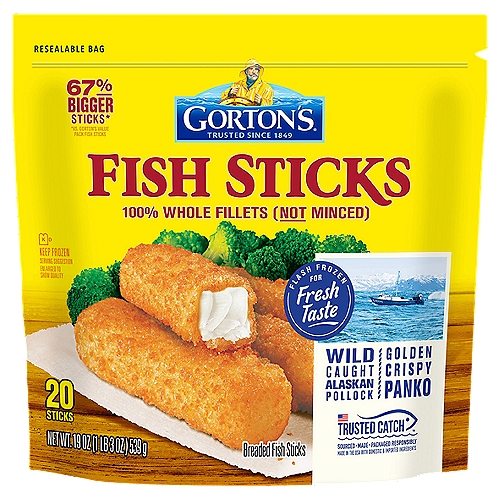 Gorton's Breaded Fish Sticks, 20 count, 19 oz
Goodness You Can Taste: Bring home a classic taste of seafood with our family favorite, Crunchy Breaded Fish Sticks. Made from wild-caught Alaskan Pollock, our sticks are ideal for serving up a fresh-tasting, convenient meal, snack, or appetizer.Unmatched Freshness: To lock in our fish's full flavor and nutrition, we ensure this product is flash-frozen at the peak of freshness. These fish sticks are coated with panko breadcrumbs made from daily baked bread for a satisfying crunch.A Wholesome Catch: These fishsticks are always prepared with no fillers, artificial colors or flavors, hydrogenated oils, or antibiotics. Plus, our fish is a natural source of natural Omega-3s and protein.Easy to Cook: Enjoy a deliciously fresh meal that is prep-free, mess-free, and stress-free! Simply heat fish in a conventional oven until fully cooked, or cook in an air fryer for a crunchier bite.
