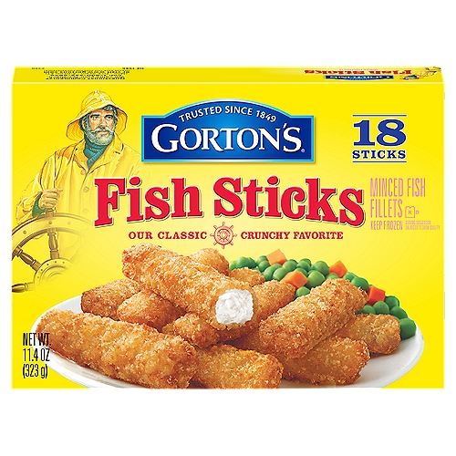 Gorton's Fish Sticks, 18 count, 11.4 oz
Minced Fish Fillets

Quality You Can Trust
✓ Made with 100% wild-caught pollock
✓ No artificial colors, flavors or MSG
✓ No fillers or artificial flavors
✓ Inspected to ensure the highest quality and safety†
✓ Tested mercury safe†
✓ Natural omega-3‡
The Gorton's Fisherman
†Gorton's tests to ensure strict compliance with both Gorton's and government quality and safety standards, including those for mercury.
‡110mg of EPA and DHA omega-3 fatty acids per serving