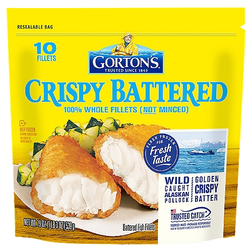 Gorton's Crispy Battered Fish Fillets, 10 count, 19 oz
Goodness You Can Taste: Bring home the classic taste of seafood with our family favorite, Crispy Battered Fish Fillets. Made from high-quality, wild-caught Pollock, our fillets are ideal for serving up a fresh-tasting, convenient meal. Unmatched Freshness: As masters of our craft, we skillfully prepare our seafood so it's always full of fresh, delicious flavor and nutrition. These fillets are coated in a golden batter, making each bite flaky and crispy. A Wholesome Catch: These fillets are always prepared with no fillers, artificial colors or flavors, hydrogenated oils, or antibiotics. Plus, our fish is a natural source of natural Omega-3s and protein. Easy to Cook: Enjoy a deliciously fresh meal that is prep-free, mess-free, and stress-free! Simply heat fish in a conventional oven until fully cooked, or cook in an air fryer for a crunchier bite.
