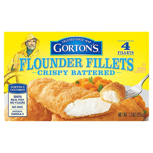 Gorton's Crispy Battered Flounder Fillets, 4 count, 7.6 oz
Goodness You Can Taste: Bring home the classic taste of seafood with our family favorite, Crispy Battered Flounder Fillets. Made from high-quality, wild-caught Flounder, our fillets are ideal for serving up a fresh-tasting, convenient meal.Unmatched Freshness: As masters of our craft, we skillfully prepare our seafood so it's always full of fresh, delicious flavor and nutrition. These fillets are also coated in a golden batter, making each bite flaky and crispy.A Wholesome Catch: These fillets are always prepared with no fillers, artificial colors or flavors, hydrogenated oils, or antibiotics. Plus, our fish is a natural source of natural Omega-3s and protein.Easy to Cook: Enjoy a deliciously fresh meal that is prep-free, mess-free, and stress-free! Simply heat fish in a conventional oven until fully cooked, or cook in an air fryer for a crunchier bite.