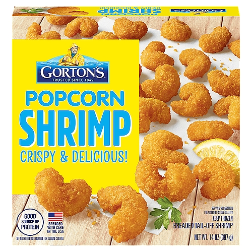 Gorton's Popcorn Shrimp, 14 oz
Breaded Tail-Off Shrimp

Relax and Enjoy!
• 100% tender Whole Shrimp
• Lightly seasoned, Crispy Panko breadcrumbs
• Good source of protein
• Natural Omega-3's†
The Gorton's Fisherman
†40mg of EPA and DHA Omega-3 fatty acids per serving

Gorton's tests to ensure strict compliance with both Gorton's and Government quality and safety standards, including those for mercury.