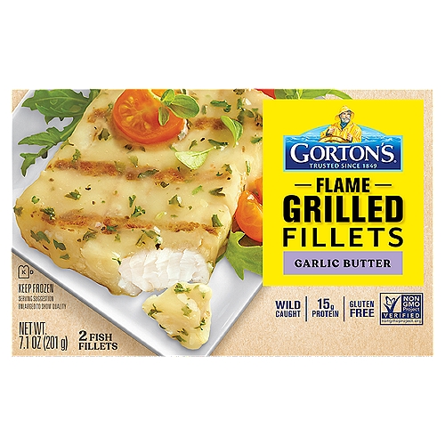 Gorton's Garlic Butter Flame Grilled Fish Fillets, 2 count, 7.1 oz
Goodness You Can Taste: Bring home the classic char taste of grilled fish with our Flame Grilled Fillets. Made from high-quality, wild-caught pollock, our fillets are expertly seasoned with garlic and butter. Unmatched Freshness: To lock in our fish's full flavor and nutrition, we ensure this product is flash-frozen at the peak of freshness. These fillets are ideal for serving up a fresh-tasting, convenient meal. A Wholesome Catch: These fillets are gluten-free* and is always prepared with no fillers, artificial colors or flavors, hydrogenated oils, or antibiotics. Plus, our fish is a natural source of natural Omega-3s and protein. Easy to Cook: Enjoy a deliciously fresh meal that is prep-free, mess-free, and stress-free! Simply heat fish in a conventional oven until fully cooked.