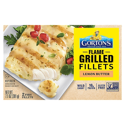 Gorton's Lemon Butter Flame Grilled Fish Fillets, 2 count, 7.1 oz
Goodness You Can Taste: Bring home the classic char taste of grilled fish with our Flame Grilled Fillets with Lemon Butter. Made from high-quality, wild-caught fish, our fillets are expertly seasoned with real garlic and butter. Unmatched Freshness: To lock in our fish's full flavor and nutrition, we ensure this product is flash-frozen at the peak of freshness. These fillets are ideal for serving up a fresh-tasting, convenient meal. A Wholesome Catch: These fillets are always prepared with no fillers, artificial colors or flavors, hydrogenated oils, or antibiotics. Plus, our fish is a natural source of natural Omega-3s and protein. Easy to Cook: Enjoy a deliciously fresh meal that is prep-free, mess-free, and stress-free! Simply heat fish in a conventional oven until fully cooked.