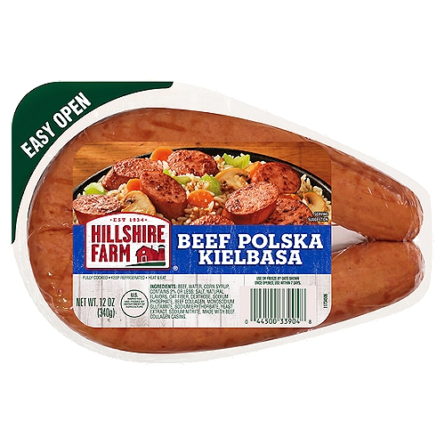 HILLSHIRE FARM Beef Polska Kielbasa, 12 oz
Hillshire Farm Beef Polska Kielbasa Smoked Sausage is the delicious answer to weeknight dinners. This Polska Kielbasa sausage is handcrafted with natural spices and only our finest cuts of meat. Fully cooked and ready in minutes, Hillshire Farm smoked sausage delivers farmhouse quality with rich, bold flavor. Keep Hillshire Farm sausage refrigerated to preserve freshness.