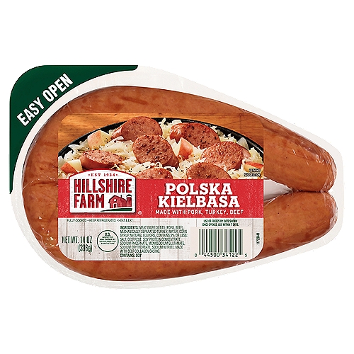 HILLSHIRE FARM Polska Kielbasa, 14 oz
When a hungry family asks for a meal, Hillshire Farm Smoked Sausage is the delicious answer to weeknight dinners. Fully cooked and ready in minutes, our flavorful smoked sausage is the perfect centerpiece for a farmhouse-quality meal with rich, bold flavor. farmhouse-quality meal with rich, bold flavor. From soups to stews, it's an instant family favorite. Perfectly seasoned and smoked to perfection, prepare this kielbasa sausage using a stove top or grill. For a tasty meal the whole family can enjoy, cook this delicious sausage and serve in a skillet with roasted vegetables and potatoes. Includes one 14 oz package of Hillshire Farm Polska Kielbasa Smoked Sausage. Hard work. Dedication. Integrity. These are the values we live by—and the ingredients we put into every package of Hillshire Farm Smoked Sausage. Since 1934, the Hillshire Farm Brand has stood for the honest, carefully crafted meats your family loves, made with the ingredients they deserve.