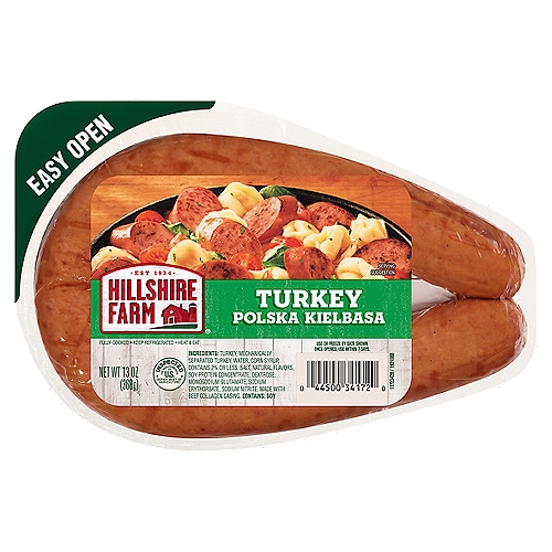 HILLSHIRE FARM Turkey Polska Kielbasa, 13 oz
When a hungry family asks for a meal, Hillshire Farm Smoked Sausage is the delicious answer to weeknight dinners. Fully cooked and ready in minutes, our flavorful smoked sausage is the perfect centerpiece for a farmhouse-quality meal with rich, bold flavor. From soups to stews, it's an instant family favorite. Perfectly seasoned and smoked to perfection, prepare this kielbasa turkey sausage using a stove top or grill. For a tasty meal the whole family can enjoy, cook this delicious sausage and serve in a skillet with roasted vegetables and potatoes. Includes one 13 oz package of Hillshire Farm Turkey Polska Kielbasa Smoked Sausage. Hard work. Dedication. Integrity. These are the values we live by—and the ingredients we put into every package of Hillshire Farm Smoked Sausage. Since 1934, the Hillshire Farm Brand has stood for the honest, carefully crafted meats your family loves, made with the ingredients they deserve.