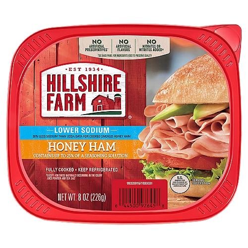 HILLSHIRE FARM Lower Sodium Honey Ham, 8 oz
Enjoy premium ham slices at home with Hillshire Farm Lower Sodium Honey Deli Ham. Our sweet honey ham lunchmeat has no artificial flavors, and it has 28% less sodium than USDA data for ham with natural juices. Simply serve our fully cooked deli sliced ham with tomatoes, lettuce and avocado on bread for a delicious deli-style sandwich. Our sliced honey ham is double-sealed for absolute freshness.