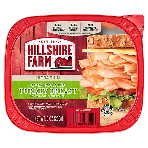 Hillshire Farm Oven Roasted Turkey Breast Deli Lunchmeat, 9 oz
9 oz Hillshire Farm Ultra Thin Deli Sliced Turkey Breast Lunchmeat Oven Roasted Turkey Breast is made with slow cooked, oven roasted turkey and no artificial flavors. Fully cooked and ready-to-eat, simply serve the turkey lunchmeat with mild cheddar cheese, sliced red onion and lettuce on a sesame seed bun for a delicious deli-style sandwich. These turkey slices are double-sealed for freshness.

No Artificial Preservatives*
*See Back Panel for Ingredients Used to Preserve Quality

No Nitrates or Nitrites Added†
†Except for those Naturally Occurring in the Celery Juice Powder and Sea Salt