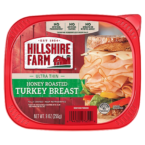Hillshire Farm Ultra Thin Sliced Deli Lunch Meat Honey Roasted Turkey Breast
No Artificial Preservatives*
*See Back Panel for ingredients Used to Preserve Quality

No Nitrates or Nitrites Added†
†Except for those Naturally Occurring in the Celery Juice Powder and Sea Salt

Enjoy premium sliced turkey at home with Hillshire Farm Ultra Thin Sliced Deli Lunch Meat, Honey Roasted Turkey Breast. Made with slow cooked, oven roasted turkey sweetened with honey and no artificial flavors, this Honey Roasted Turkey Breast is juicy, flavorful, and 98% fat-free. Fully cooked and ready-to-eat, simply serve with pepper jack cheese, sliced red pepper and spinach on whole grain bread for a delicious deli-style sandwich. Includes one 9 oz double-sealed package for absolute freshness. At Hillshire Farm brand, we know that quality is always the most important ingredient, and we believe that anything worth doing is worth doing right. We slow-roast our deli meats for hours so they are mouthwatering and tender, and we season them until they taste just right. No matter where our future takes us, you can be sure you'll always taste our passion for farmhouse quality.