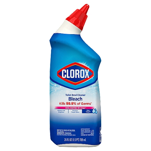 Clorox Toilet Bowl Cleaner Bleach, 24 fl oz
Kills 99.9% of germs*
*Kills Germs: Staphylococcus aureus (Staph), Salmonella enterica (Salmonella), Influenza A2 virus, Rotavirus, Candida albicans

Kills Covid-19 virus⟡
⟡Kills SARS-CoV-2 on hard, nonporous surfaces.

Rain Clean®

✓ The only toilet bowl cleaner with Clorox® Bleach
✓ Eliminates odors