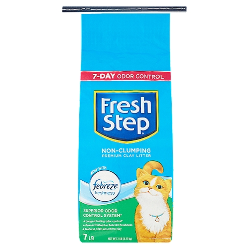 Fresh Step Non-Clumping Premium Clay Litter, 7 lb
Superior Odor Control System*
Longest lasting odor control*
*Vs. leading non-clumping litter

Additional Uses:
Clean up driveway oil, grease spots and paint.
Get better tire and foot traction on slippery roads, sidewalks and steps.
Freshen trash cans and diaper pails.

Tips for a Happy and Healthy Cat - Recommended by cat behaviorists
The best size and number of litter boxes
• 1½ times the length of cat, from nose to base of tail.
• As cats get bigger, so should boxes.
• Kittens need low-sided boxes for easy access.
• To avoid accidents outside of the litter box, maintain 1 box per cat plus 1 additional box.