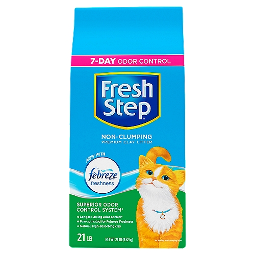 Fresh Step Non-Clumping Premium Clay Litter, 21 lb
Superior Odor Control System*
Longest lasting odor control*
*vs. leading non-clumping litter

Additional Uses:
Clean up driveway oil, grease spots and paint.
Get better tire and foot traction on slippery roads, sidewalks and steps.
Freshen trash cans and diaper pails.

Tips for a Happy and Healthy Cat — Recommended by cat behaviorists
The best size and number of litter boxes
• 1½ times the length of cat, from nose to base of tail.
• As cats get bigger, so should boxes.
• Kittens need low-sided boxes for easy access.
• To avoid accidents outside of the litter box, maintain 1 box per cat plus 1 additional box.