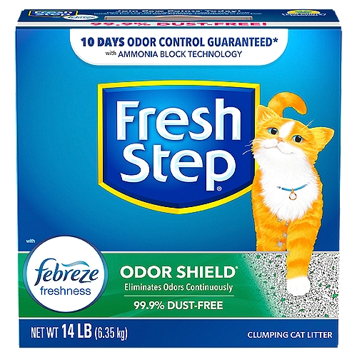 Clumps Tight with Fresh Step® ClumpLock® TechnologynLocks in liquid and odor on contact to form tight clumps and make scooping easy.nnTotal Odor Control with the Power of FebrezenLong-lasting 10-day odor control for even the strongest litter box odors, and leaves behind a fresh clean scent.nn99.9% Dust-FreenFor cleaner surfaces and clearer air, Fresh Step® Odor Shield® is 99.9% dust-free.nnPet FriendlynCreated by the makers of Fresh Step® with your cat's health and happiness in mind.