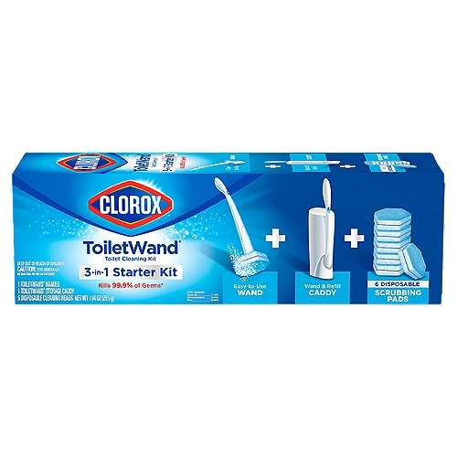 Clorox ToiletWand 3-in-1 Starter Kit Toilet Cleaning Kit , 1.04 oz
Kills 99.9% of germs*
*Salmonella enterica, Staphylococcus aureus, influenza A virus, human coronavirus and rhinovirus type 37

Easy-to-use Wand + wand & refill Caddy + 6 disposable Scrubbing Pads

The Cleaner Way to Clean Your Toilet†
†vs. a toilet brush & manual toilet cleaner

Each pad is loaded with disinfecting Clorox® cleaner
Nothing's tougher on tough stains or hard water deposits.
Designed to clean hard-to-reach places.
Caddy provides convenient storage.
