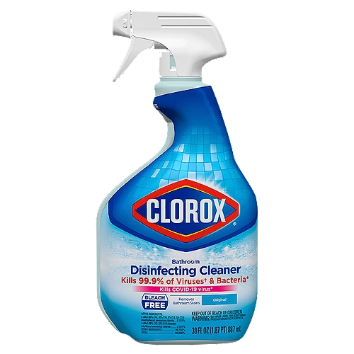 Clorox Disinfecting Bleach-Free Bathroom Cleaner Economy Size, 30 fl oz
Removes tough soap scum without scrubbing! Kills 99.9% of germs*!
*Salmonella choleraesuis (Salmonella), Staphylococcus aureus (Staph), Rhinovirus Type 37 and Influenza A virus (Hong Kong)