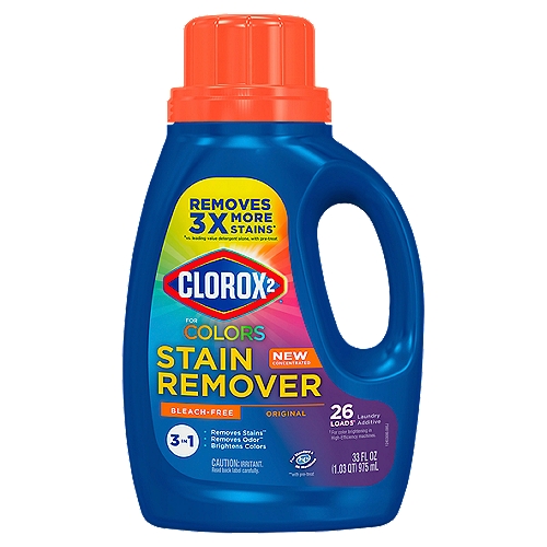 Color-safe Clorox 2 for Colors – Stain Remover and Color Brightener leaves clothes brighter and cleaner by removing 50% more stains than detergent alone.
