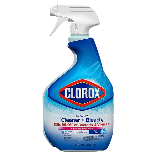 Clorox Clean-Up Multi-Purpose Rain Clean Cleaner + Bleach, 32 fl oz
Kills 99.9% of bacteria* & viruses†
*Escherichia coli, Staphylococcus aureus (Staph), Salmonella enterica (Salmonella); †Rhinovirus (Cold Virus), †Influenza A2 Virus (Flu Virus)

Kills COVID-19 virus⟡
⟡Kills SARS-CoV-2 on hard, nonporous surfaces

Removes stains & disinfects§
§When used according to the disinfection directions.

Safe for Use on:
Glazed porcelain‡
Glazed ceramic
Corian®
Plastic laminate
Fiberglass
Enamel
‡Avoid prolonged contact with porcelain

Smart Tube® Technology - Spray Every Drop!®