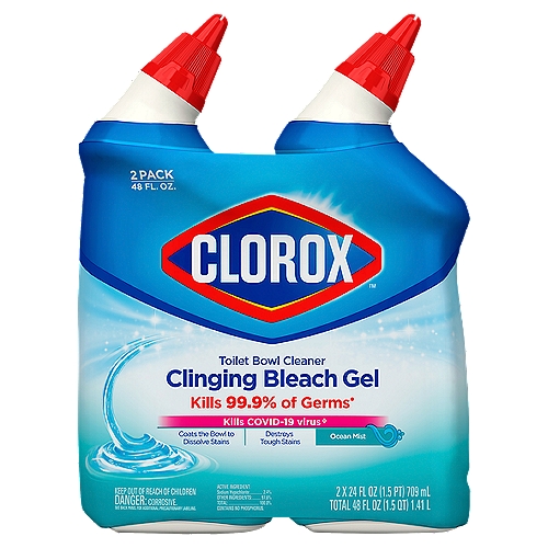 Clorox Toilet Bowl Cleaner, Clinging Bleach Gel, Ocean Mist - 24 Ounces (Pack of of 2)