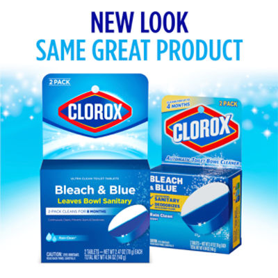 Clorox Bleach & Blue Rain Clean Toilet Bowl Cleaner Tablets, 2.47 oz, 2 count