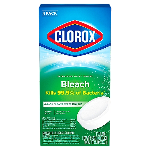 Clorox Bleach Ultra Clean Toilet Tablets, 3.5 oz, 4 count
Kills 99.9% of Bacteria*
* Streptococcus faecalis (Strep), Salmonella enterica (Salmonella), Staphylococcus aureus (Staph), Escherichia coli (E. coli)