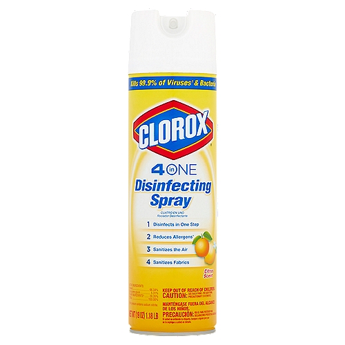 Spray Can. Clorox 4 in One Disinfecting Spray disinfects, reduces allergens and sanitizes air and fabrics all with one spray.