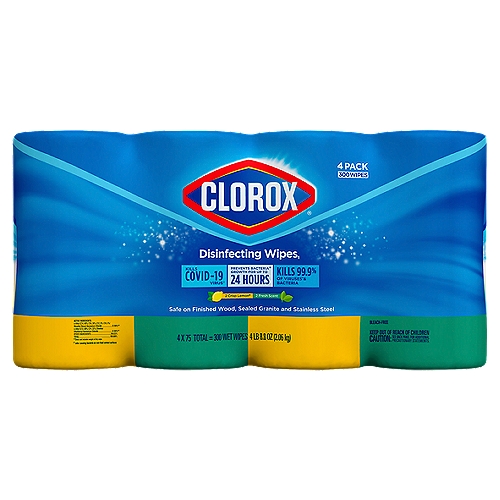 Clorox Crisp Lemon and Fresh Scent Disinfecting Wipes, 75 count, 4 pack
Kills Covid-19 Virus⬦

Prevents Bacteria‡‡ Grown for up to 24 Hours
‡‡ odor causing bacteria on non-food contact surfaces

Kills 99.9% of Viruses* & Bacteria
*Human Coronavirus, influenza A2 virus

✔ Kills Staph§§, E. coli***, MRSA†††, Salmonella‡‡‡, Strep§§§ and Kleb****
✔ Prevents bacteria‡‡ growth for up to 24 hours
✔ 5x cleaning power††††
*Human coronavirus, influenza A2 Virus; §§Staphylococcus aureus; ***Escherichia coli O157:H7; †††Methicillin-resistant Staphylococcus aureus; ‡‡‡Salmonella enterica; §§§Streptococcus pyogenes; ****Klebsiella pneumoniae; §Pet dander, dust mite matter, pollen particles, grass; ††††Removes tough stains, cuts through grease, deodorizes, removes allergens§, and removes soap scum; ‡Pseudomonas aeruginosa, salmonella enterica, staphylococcus aureus, influenza A2 virus; ⬦Kills Sars-CoV-2 on hard, nonporous surfaces.