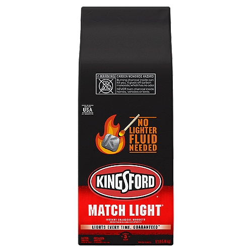 Add more sizzle to your BBQ with Kingsford® Match Light® Instant Charcoal Briquettes, no lighter fluid needed. These grilling briquettes are Kingsford's fastest lighting charcoal and are ready in about 10 minutes. Each charcoal briquette contains just the right amount of lighter fluid and features Sure Fire Grooves® which have more edges for fast lighting. Perfect for grilling with large groups, these charcoal briquettes are an easy way to make a meal an event. Choose Kingsford® Match Light® Charcoal for your next cookout. Because taste is everything. This bag of 12 pounds equals about 3 uses. Scan the QR code on the pack to unlock grilling tips, techniques and more. *When used as directed.