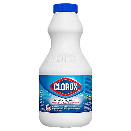 Clorox Disinfecting Bleach, 1.5 ptnSlimmed down version makes it easier to pour. Clorox® Disinfecting Bleach with CloroMax™ kills 99.9% of household germs and bacteria including norovirus, flu virus, MRSA, E. Coli, and Salmonella left on household surfaces such as countertops, floors, toilets and more. This concentrated bleach makes it easier to handle and easier to pour compared to the 16 oz Clorox® Disinfecting Bleach2. Get more cleaning power per drop compared to Clorox® Disinfecting Bleach2 with this concentrated version with 33% more compact dose reducing the amount of bleach required for cleaning. CloroMax™ Technology protects household surfaces as it cleans, so stains won't stick and cleanup is easier. It also whitens whites and keeps clothes whiter longer, while removing 70% more stains than detergent alone. Remove tough laundry stains from white clothes including red wine, grass, dirt and blood stains with America's #1 bleach. A little goes a long way with Clorox® Disinfecting Bleach.