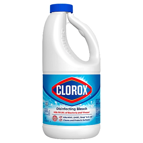 Slimmed down version makes it easier to pour. Clorox® Disinfecting Bleach with CloroMax™ kills 99.9% of household germs and bacteria including norovirus, flu virus, MRSA, E. Coli, and Salmonella left on household surfaces such as countertops, floors, toilets and more. This concentrated bleach makes it easier to handle and easier to pour compared to the 16 oz Clorox® Disinfecting Bleach2. Get more cleaning power per drop compared to Clorox® Disinfecting Bleach2 with this concentrated version with 33% more compact dose reducing the amount of bleach required for cleaning. CloroMax™ Technology protects household surfaces as it cleans, so stains won't stick and cleanup is easier. It also whitens whites and keeps clothes whiter longer, while removing 70% more stains than detergent alone. Remove tough laundry stains from white clothes including red wine, grass, dirt and blood stains with America's #1 bleach. A little goes a long way with Clorox® Disinfecting Bleach.