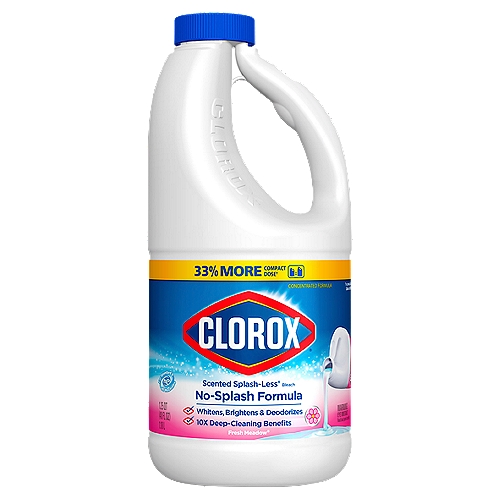 Clorox® Scented Splash-Less Bleach, in a slimmed down version, is easy to handle and pour. With a 33% more compact dose compared to previous Clorox® Splash-less Bleach, you get more cleaning power per drop, reducing the amount of bleach required per cleaning. With a Splash-Less formula, this bleach delivers acontrolled pour, resulting in a powerful clean but with less spilling and splashing. In a concentrated formula, Clorox® Splash-less bleach whitens, brightens, deodorizes and provides 10X deep cleaning benefits, removing tough stains from white clothing including red wine, grass, dirt and blood stains. America's #1 bleach* is perfect for getting some serious cleaning done without worrying about spills or splashes so that you can confidently clean household surfaces. It is safe for use in standard and HE washers. A little goes a long way with Clorox® Splash-Less Bleach. *Based on IRI MULO unit sales 52 weeks ending 12/29/19. Use as directed.