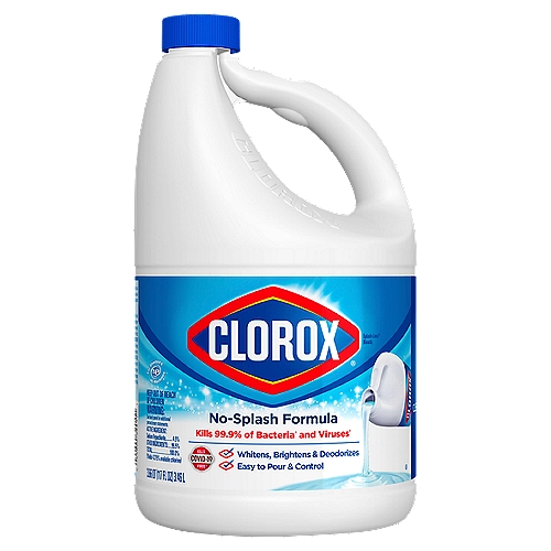 Clorox Splash-Less Bleach, 3.66 qtnClorox® Splash-Less® Bleach1 in a slimmed down version, is easy to handle and pour. With a thicker formula, this disinfecting bleach liquid delivers a controlled pour with less spilling and splashing. Concentrated formula kills 99.9% of bacteria and viruses for a powerful clean. Use as a laundry sanitizer that whitens, brightens, deodorizes and provides 10X deep cleaning benefits, removing tough stains from white clothing including red wine, grass, dirt and blood stains. America's #1 bleach* disinfectant is perfect for getting some serious cleaning done without worrying about spills or splashes, so you can confidently clean household surfaces. It is safe for use in standard and HE washers. A little goes a long way with Clorox® Splash-Less Bleach. *Based on IRI MULO unit sales 52 weeks ending 12/29/19. Use as directed.