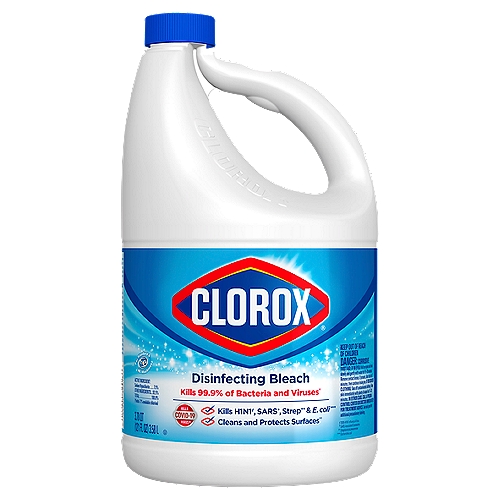 50% more uses for more concentrated cleaning power. Clorox™ Disinfecting Bleach with CloroMax™ kills 99.9% of household germs and bacteria including norovirus, flu virus, MRSA, E. Coli, and Salmonella left on household surfaces such as countertops, floors, toilets and more. Formulated for 50% more uses, this concentrated bleach has more whitening and disinfecting power versus Clorox® Performance Bleach1. Get more cleaning power per drop compared to Clorox® Disinfecting Bleach2 and reduce the amount of bleach required for cleaning. This cleaning bleach contains CloroMax™ Technology to protect household surfaces as it cleans, so stains won't stick and cleanup is easier. It also whitens whites and keeps clothes whiter longer, while removing 70% more stains than detergent alone. Remove tough laundry stains from white clothes including red wine, grass, dirt and blood stains with America's #1 bleach. A little goes a long way with Clorox™ Disinfecting Bleach.