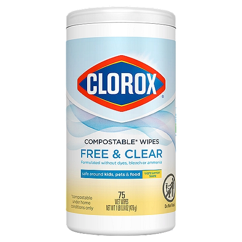 Clorox Free & Clear Compostable Cleaning Wipes, Light Lemon Scent, 75 Count