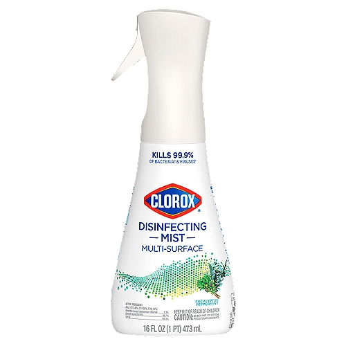 Clorox Eucalyptus Peppermint Multi-Surface Disinfecting Mist, 16 fl oz
Kills 99.9% of Bacteria* & Viruses†

Kills 99.9% of: *Salmonella enterica, *Escherichia coli 0157:17 (E. Coli), *Staphylococcus aureus, †SARS-CoV-2 (Cause of Covid-19), †Human Coronavirus, †Influenza A Virus and †Herpes Simplex Virus Type 2. Soft Surface Sanitization: Klebsiella pneumoniae, Staphylococcus aureus.

Great on Hard and Soft Surfaces**
Counters‡,§
Door knobs‡
Couches**
Car interior‡
Plastic toys‡,§
Bedding**
‡On hard, nonporous surfaces.
§A potable rinse is required.
**For use as a spot sanitizer on fabrics and textiles.