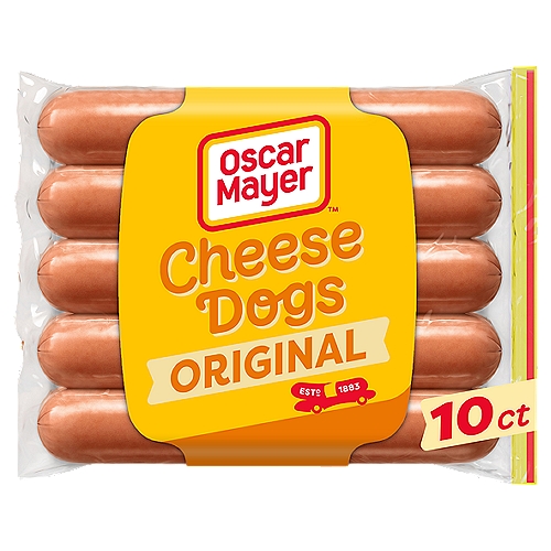 Oscar Mayer Original Cheese Dogs, 10 count, 16 oz
Uncured Wieners Made With Turkey, Chicken & Pork with Pasteurized Prepared Cheddar Cheese Product